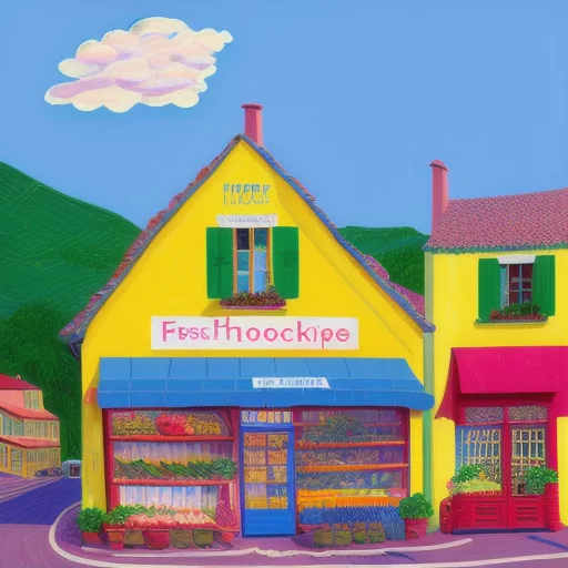 3247085422-small french village grocery store with happy people,  David Hockney, Erin Hanson.webp